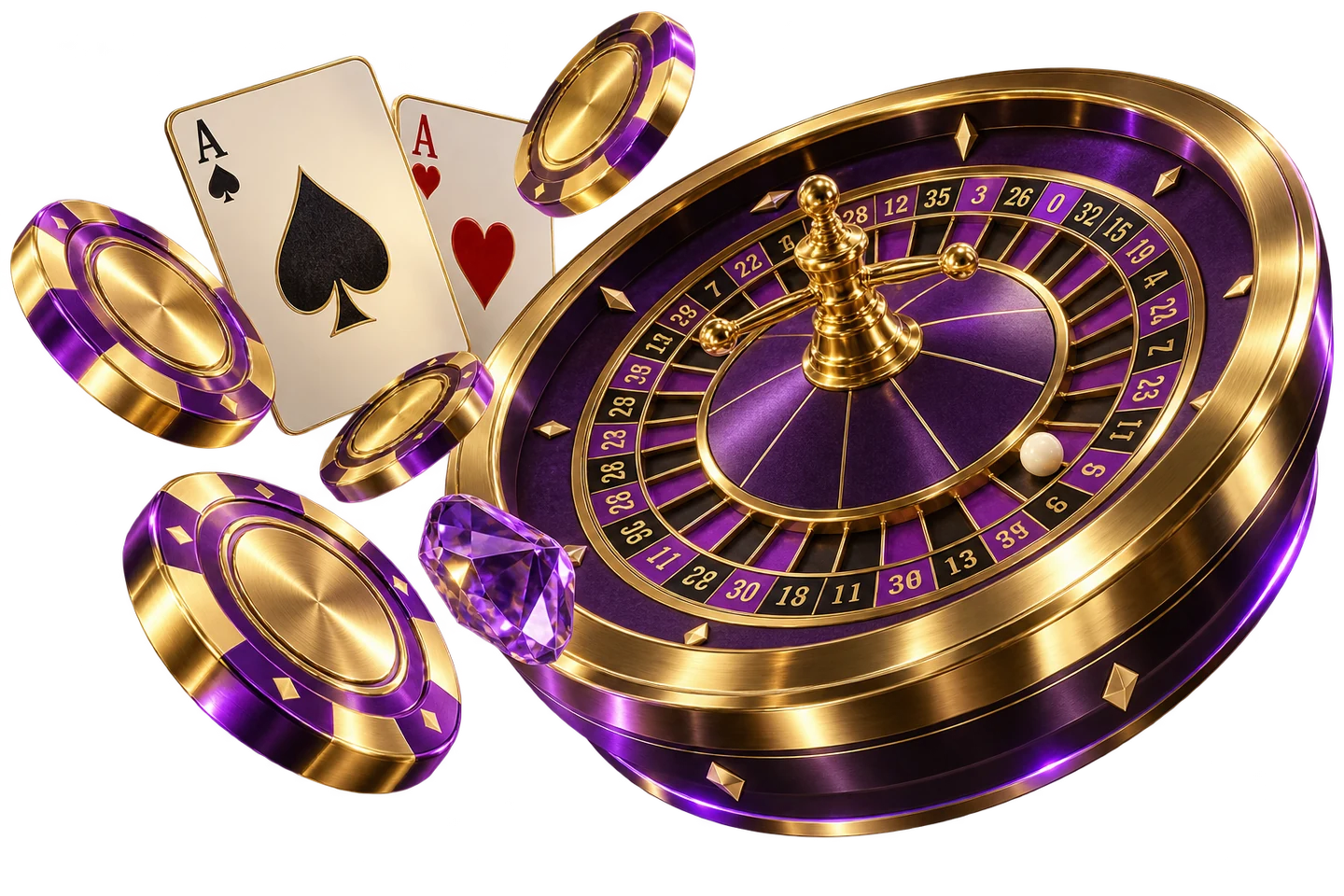 Gold roulette wheel, violet chips, and playing cards